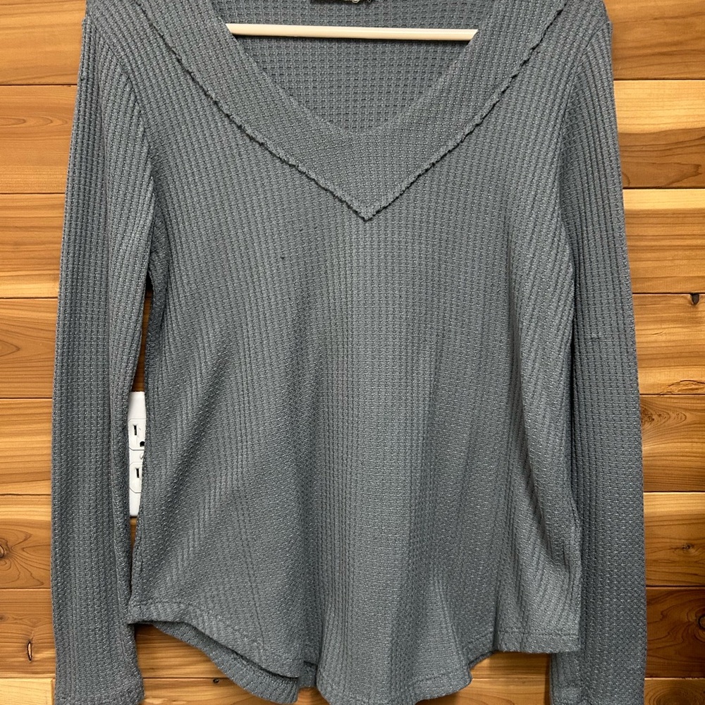 Gray V-Neck Waffle Knit Women's Top